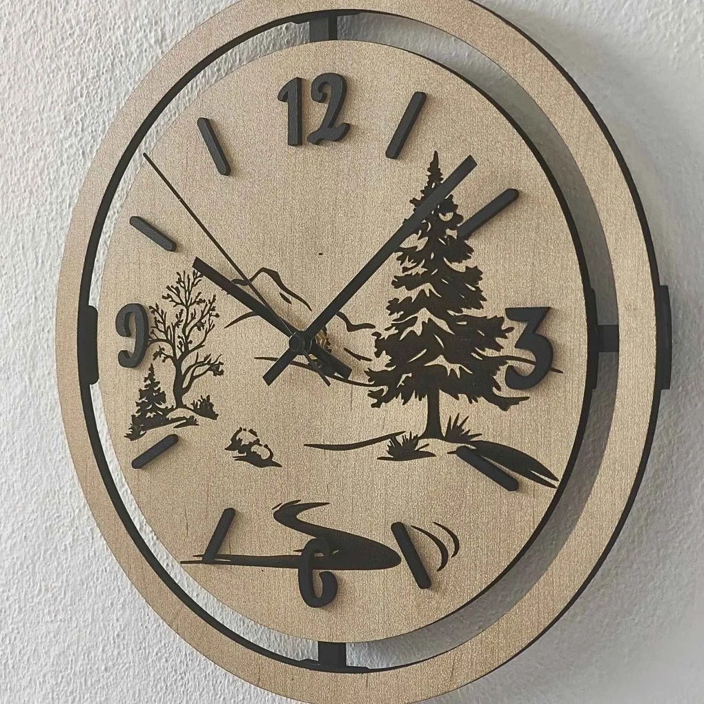 Nástenné hodiny Lesná krajina gravírované | PUPOU: HDF - Javor 30 cm 4795-115320 HDF0607