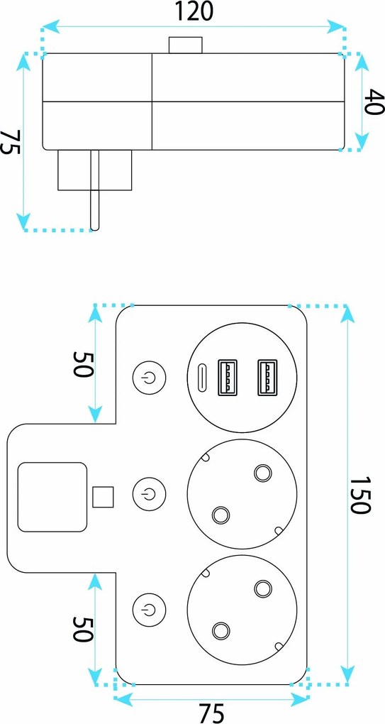 Toolight Toolight, JNH017, zásuvkový rozbočovač 2 zásuvky + 2× USB-A + USB-C s LED svetlom, čierna, OSW-56308