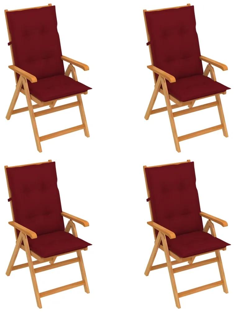 Záhradné stoličky 4 ks s vínovočervenými podložkami tíkový masív