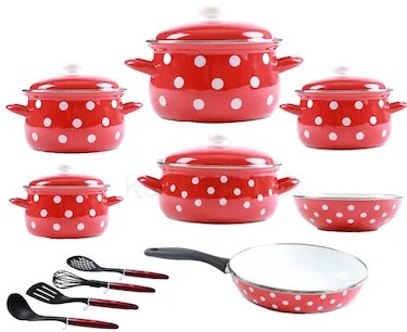 BELIS súprava smaltovaných hrncov červených s bielymi bodkami, 16 ks
