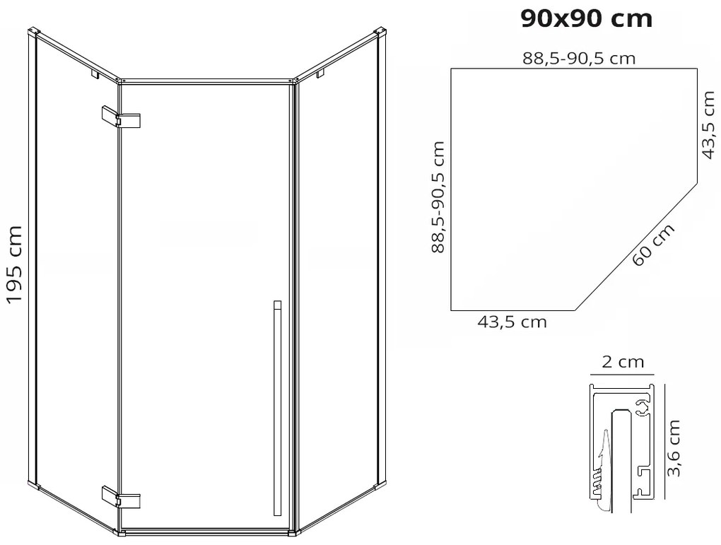 Rea Diamond, sprchovací kút 90x90x195 cm, 6mm číre sklo, zlatý profil + biela sprchová vanička, KPL-04904