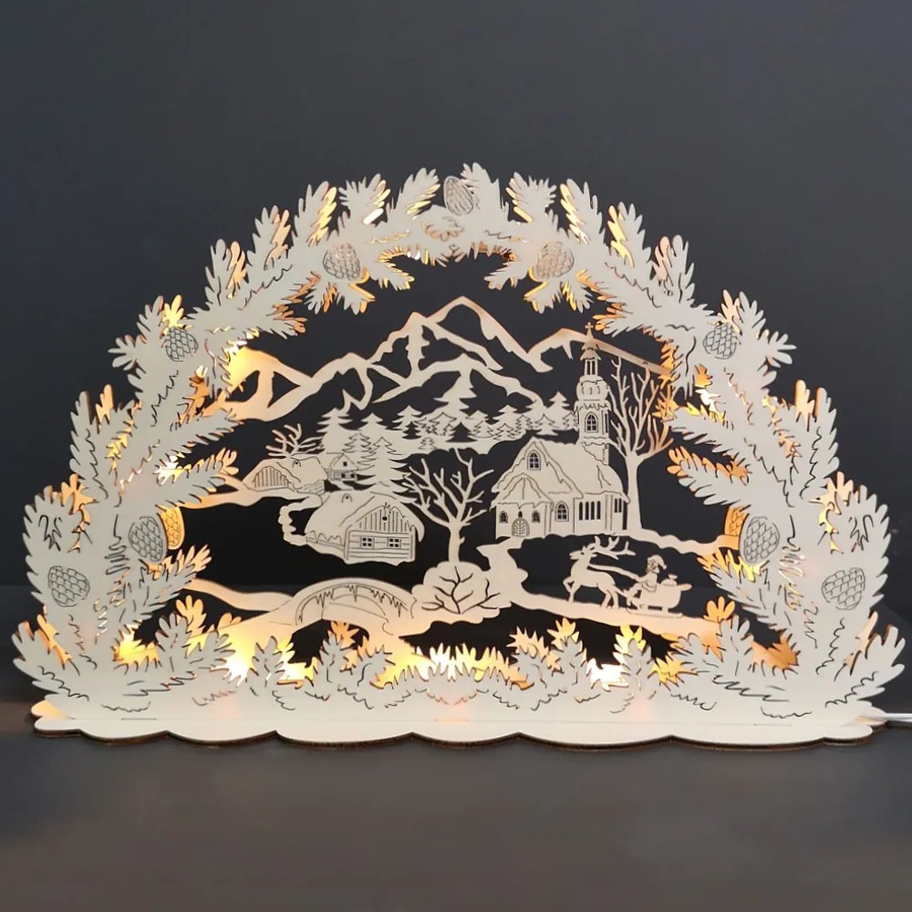 AMADEA Drevený svietiaci portál s motívom dedinky, 53x21x10 cm