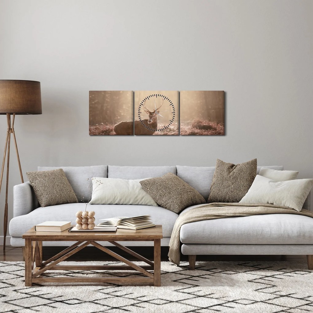 Obraz - Jeleň v lese (s hodinami) (90x30 cm)