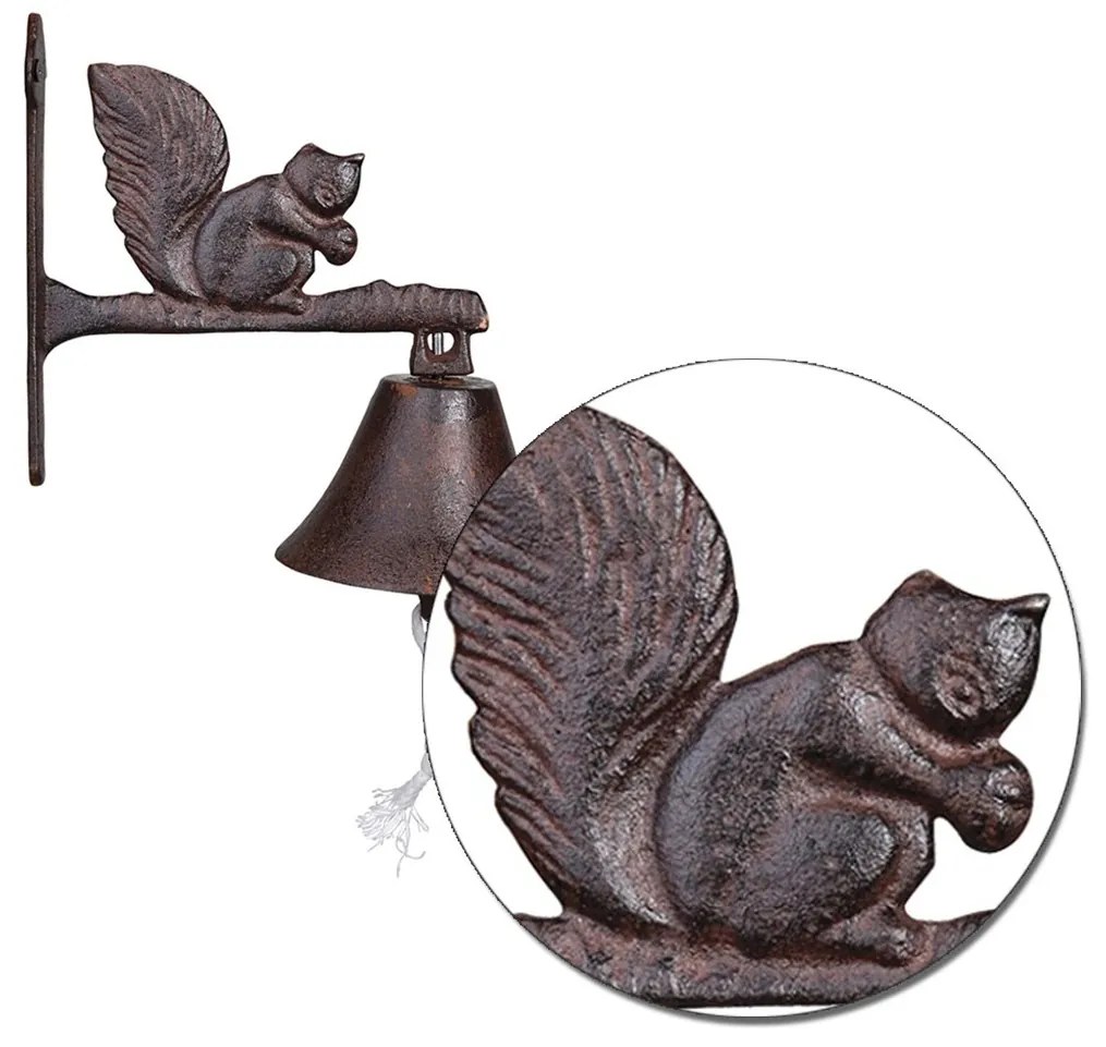Záhradný zvonček Squirrel, 19x9,5 cm, liatina, hnedá
