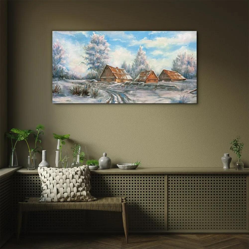 Skleneny obraz Zimné chata strom voľne žijúcich živočíchov