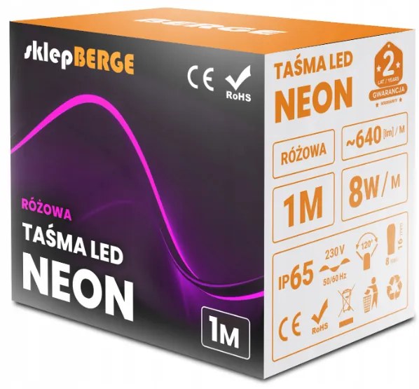 ECOLIGHT LED pásik NEON - 230V - 1m - 8W/m - IP68 - vodotesný - ružová