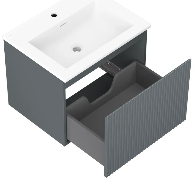 Mexen Rivel, kúpeľňová skrinka 60 cm s umývadlom Otis, 1 zásuvka, drážkovaná, grafitová matná/biela matná, 91A20-06047-1-BF66-W18M01