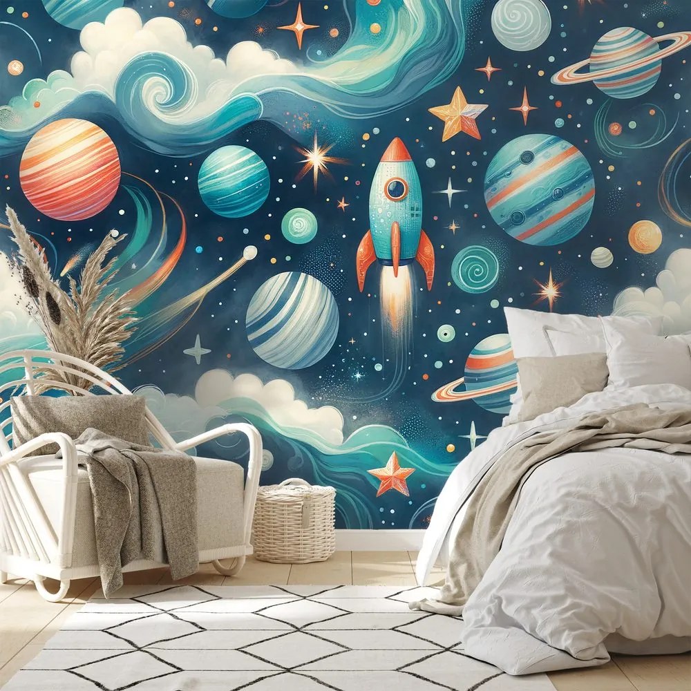 Tapeta farebný vesmír s raketou