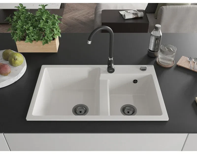 Mexen Tomas, granitový drez 800x500x190 mm, 2-komorový a čierna batéria Telma, biela, 6516-20-670200-70