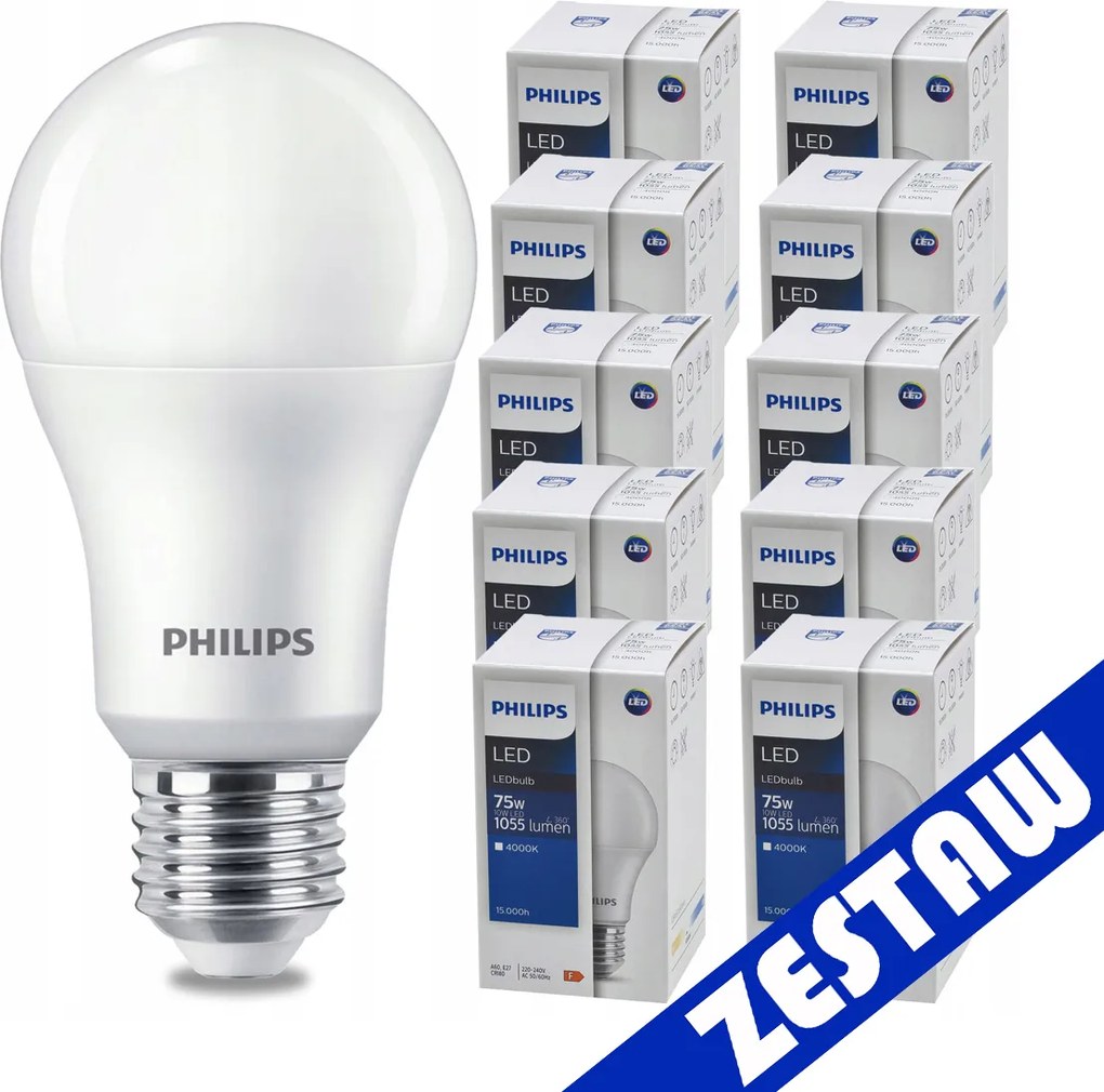 SADA 10 KS ŽIAROVIEK PHILIPS LED E27 10W = 75W 1055lm Neutrálna LED žiarovka 4000K