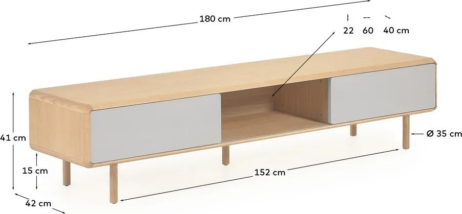 Sivý/v prírodnej farbe TV stolík v dekore jaseňa 180x41x42 cm Anielle – Kave Home