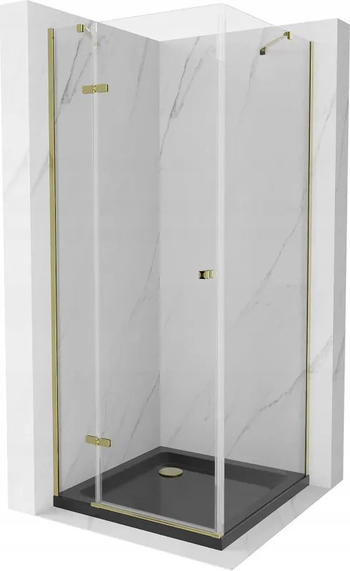 Mexen Roma, sprchovací kút s 1-krídlovými dverami 90 (dvere) x 90 (stena) cm, 6mm číre sklo, zlatý profil, slim sprchová vanička 5cm čierna, 854-090-090-50-00-4070G
