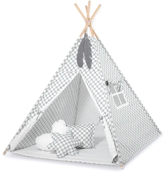 Bobono Stan Teepee pre deti + podložka na hranie + ozdobné pierka - sivý s bielymi bodkami