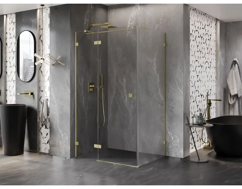 Mexen Lunar T, výklopný ľavý sprchový kút 140 x 110 cm, 8mm číre sklo, zlatý matný profil, 834T-140-110-55-00-L