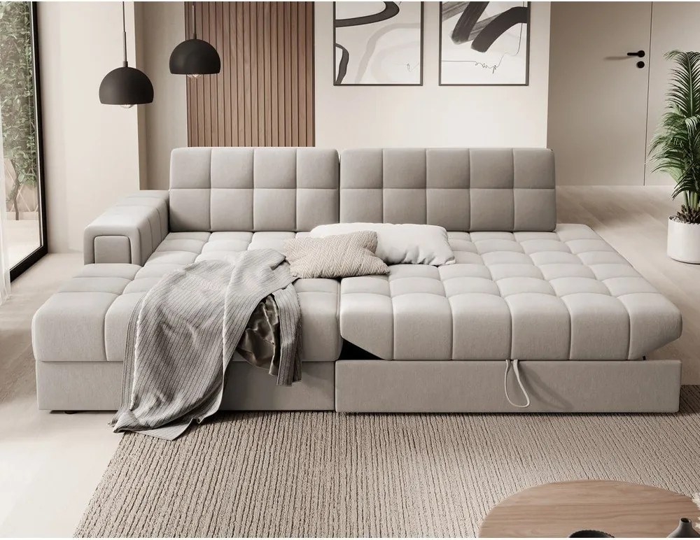 Béžová zamatová rozkladacia rohová pohovka (ľavý roh/s leňoškou) Blezalt – ELTAP