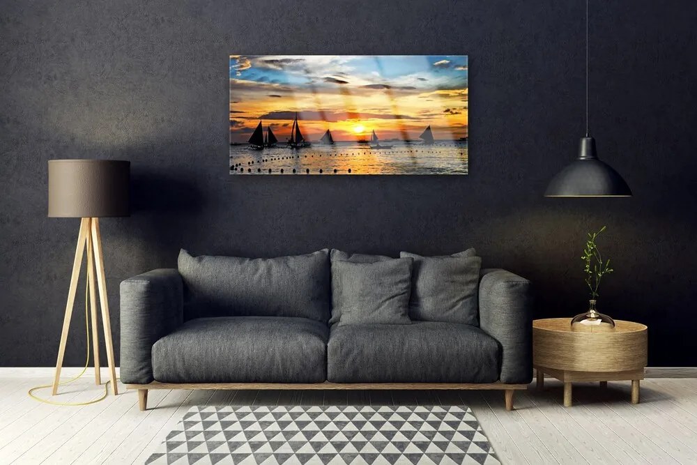 Skleneny obraz Loďky more slnko krajina 140x70 cm