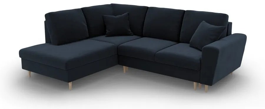 Tmavomodrá zamatová rozkladacia/s úložným priestorom rohová pohovka (ľavý roh/do L) Kyoto – Cosmopolitan Design