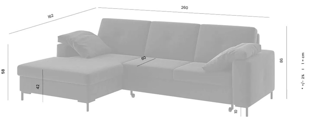 ROHOVÁ ROZKLADACIA POHOVKA MOOR S ÚLOŽNÝM PRIESTOROM 260 CM SIVÁ ĽAVÁ MUZZA