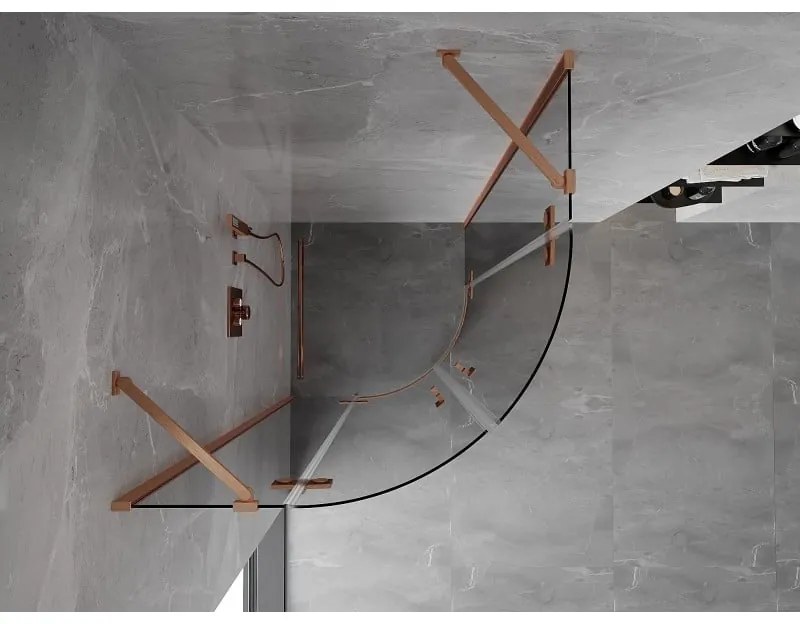 Mexen Mist, polkruhový výklopný sprchový kút 90 x 90 cm, číre sklo, medený matný profil, 8A33-090-090-65-00