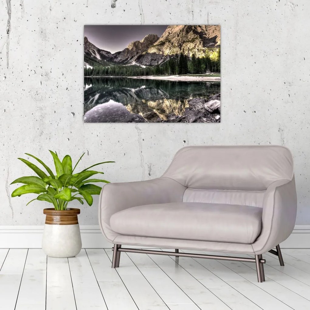 Sklenený obraz jazera v horách (70x50 cm)