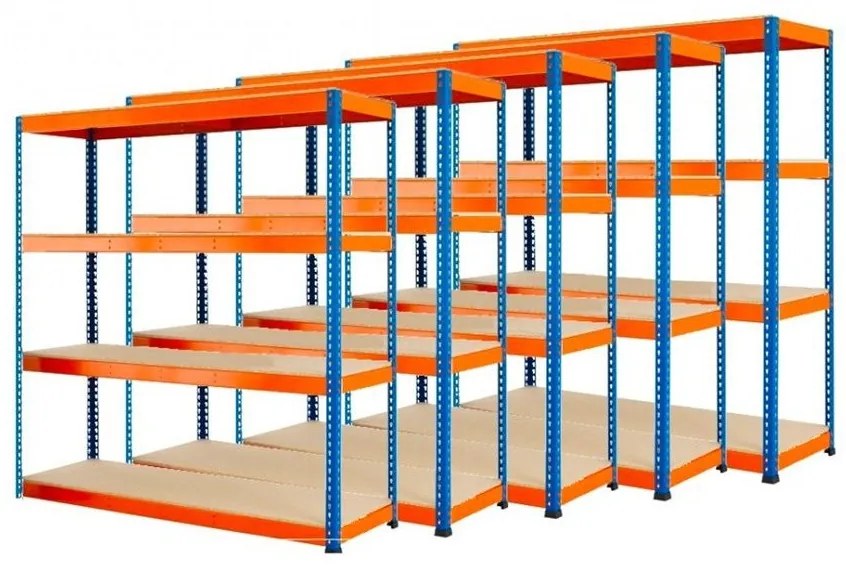 Fistar !!! Akčný balíček: 5x Regál 1800x1200x450 mm PROFESIONÁLNY lakovaný 4-policový, nosnosť 1600 kg - MODRO-ORANŽOVÝ