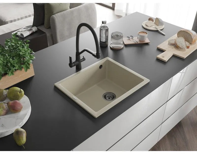 Mexen Pedro, granitový drez 560x460x200 mm, 1-komorový, béžová s čiernym sifónom, 6508561000-69-B