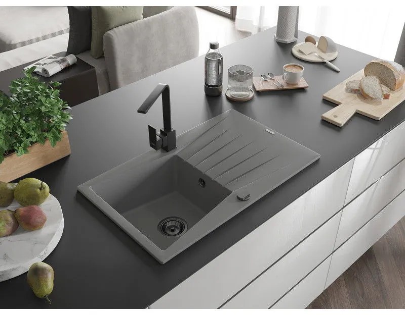 Mexen Cesar, granitový drez 775x470x190 mm, 1-komorový, šedá s čiernym sifónom a čierna drezová batéria Rita, 6514-71-670300-70-B