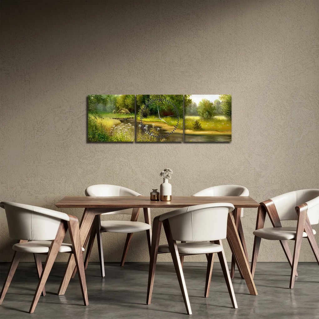 Obraz - Rieka pri lese, olejomaľba (s hodinami) (90x30 cm)