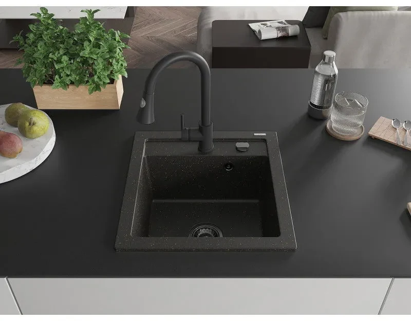 Mexen Vito, 1-komorový granitový drez 490x520x210 mm a drezová batéria Elia, čierna-zlatá metalíza, 6503-75-670101-70-B