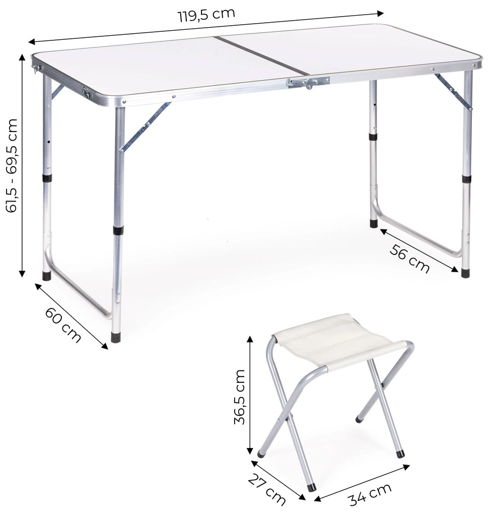 Turistická sada - rozkladací stôl a 4 stoličky, biela