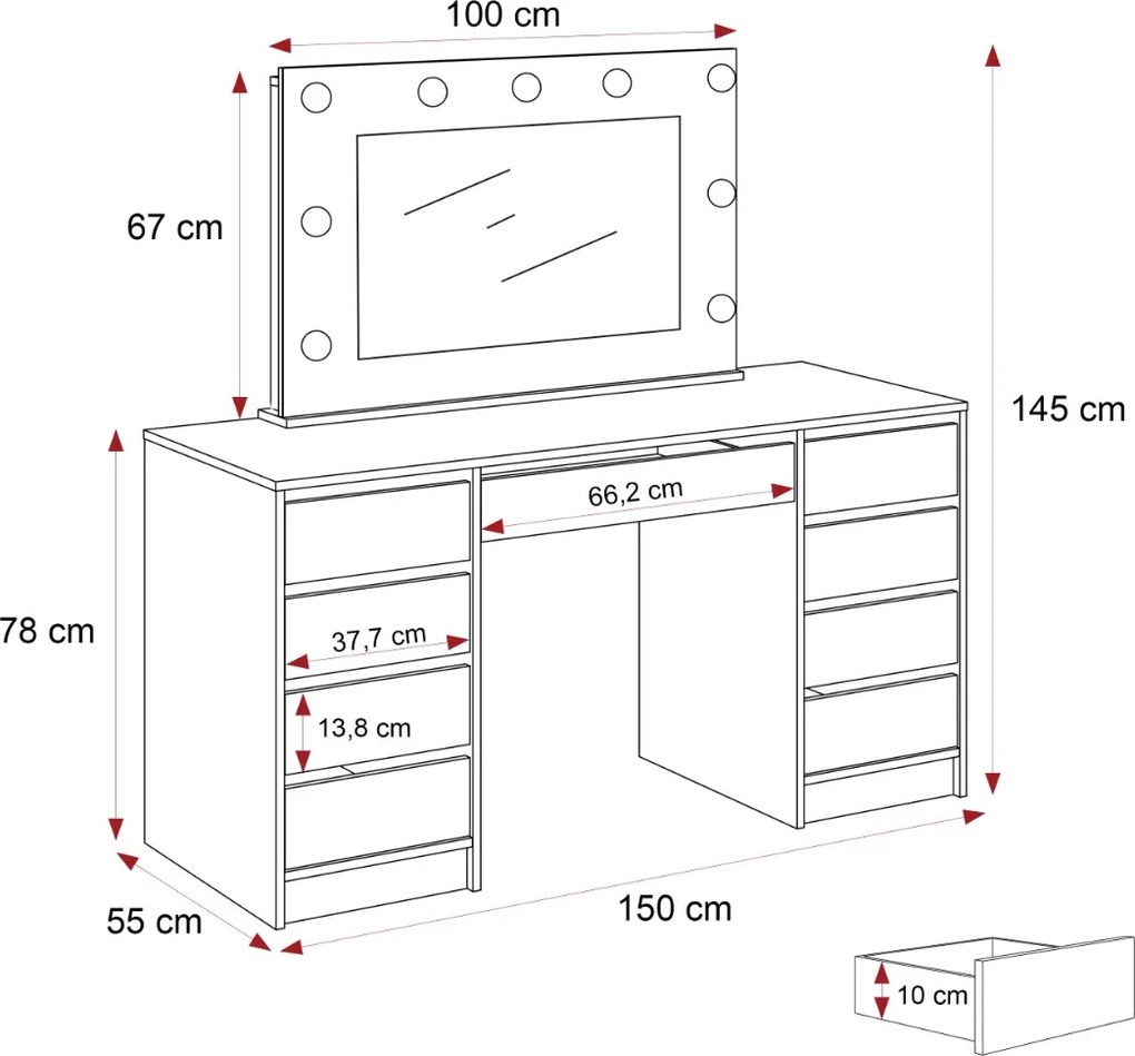 TOALETNÝ STOLÍK ANETT DOUBLE II BIELY LESK + ZRKADLO LED 150 cm