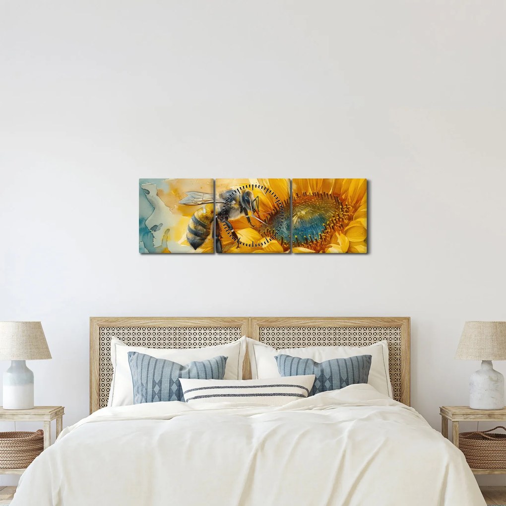 Obraz - Včielka, akvarel (s hodinami) (90x30 cm)
