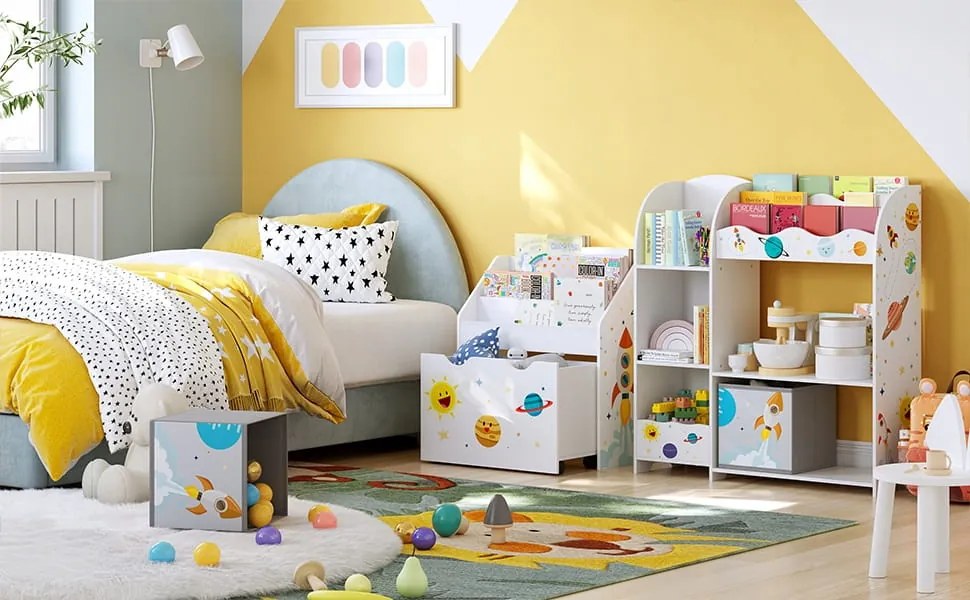 Polica na hračky, 5 políc, 2 úložné boxy, priehradky na knihy