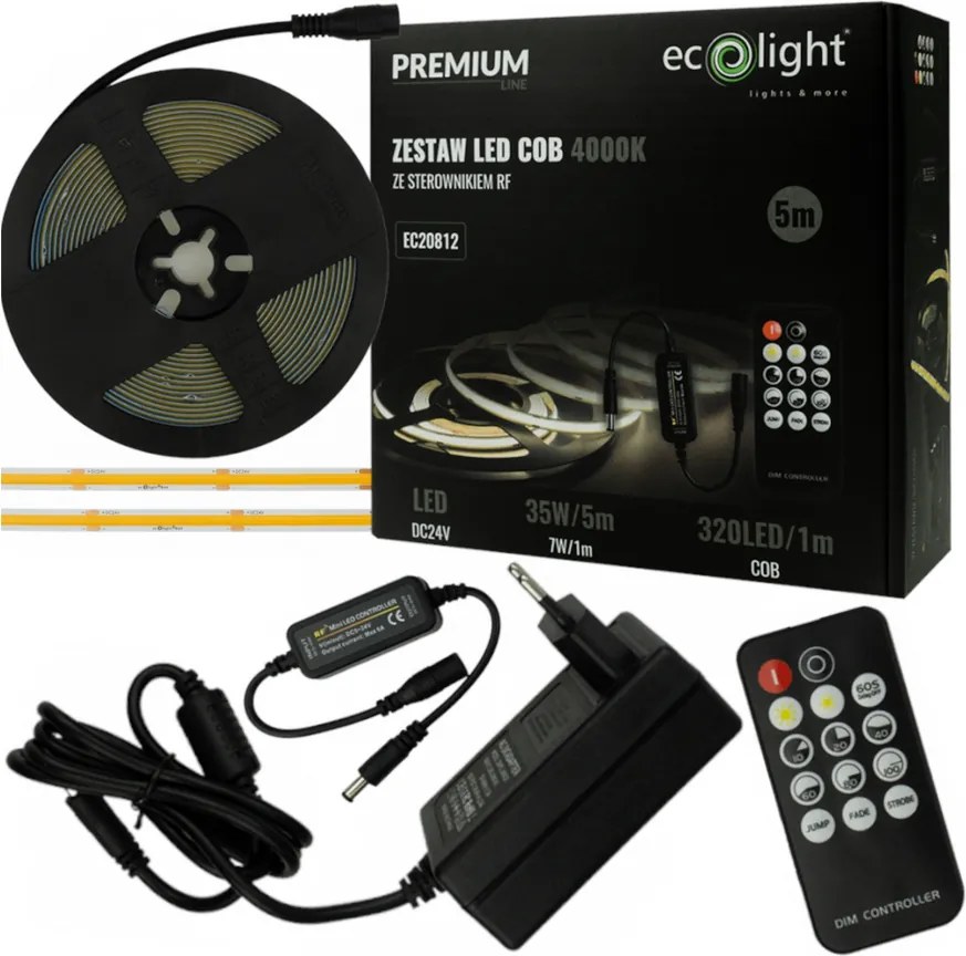 ECOLIGHT COB LED pásik 35W - 24V - 320 - 5M - 4000k - neutrálna farba + diaľkový ovládač