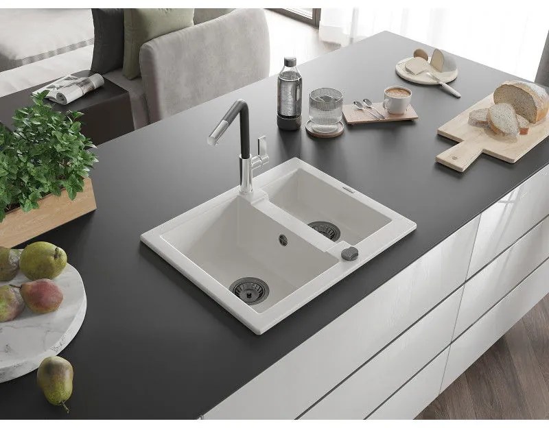 Mexen Carlos, 1,5-komorový granitový drez 582x475x177 mm a drezová batéria Flora, biela, 6518-20-670401-07-B