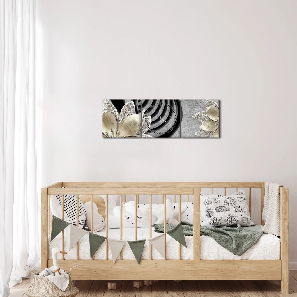 Obraz - 3D zlaté kvety (s hodinami) (90x30 cm)