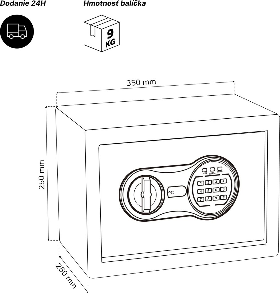 Malý domáci trezor, elektronický zámok na kód, na peniaze a dokumenty, 350x250x250 mm: DORIAN