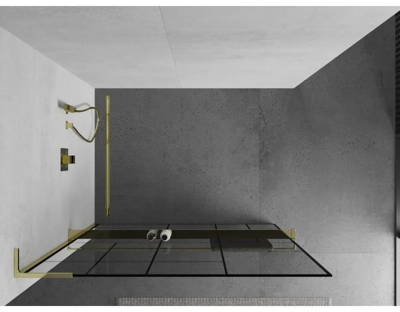 Mexen Kioto+ L, sprchová zástena Walk-In s poličkou a vešiakom 90 x 200 cm, 8mm číre sklo čierny vzor, zlatý lesklý profil,800-090-123-50-78