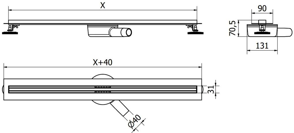 MEXEN Flat nerezový sprchový žľab s rotačným 360° sifónom 130 cm, vzor SLIM, nerezová, 1041130