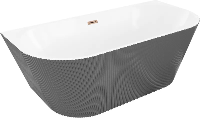 Mexen Oris, voľne stojaca ryhovaná vaňa 150 x 75 cm, biela-šedá, ružové zlato prepad, 52871507562-60