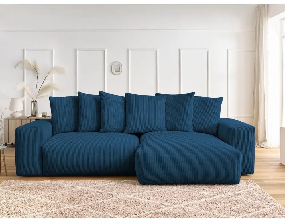 Modrá menčestrová rozkladacia/s úložným priestorom rohová pohovka Voltaire – Bobochic Paris