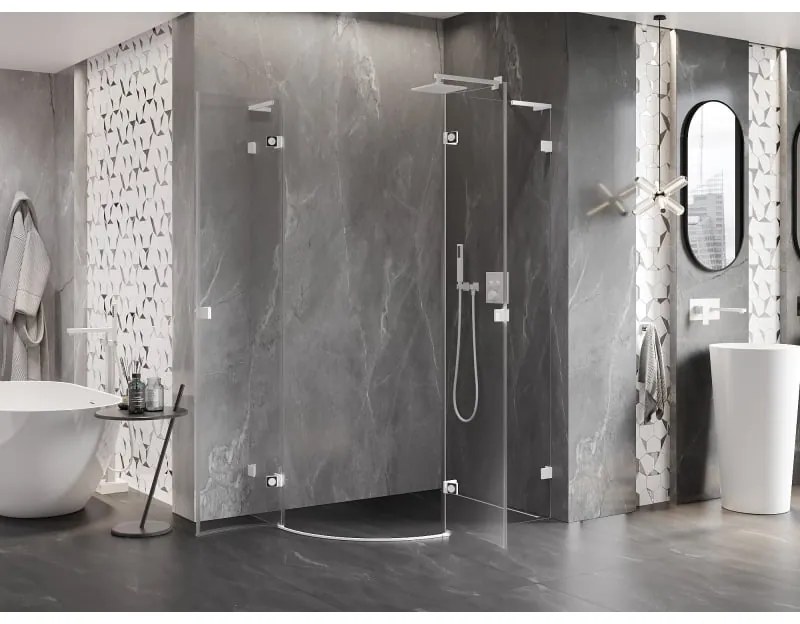 Mexen Lunar, L pravý polkruhový sprchový kút 90 x 80 cm, 8mm číre sklo, biely profil, 833L-090P-080L-20-00