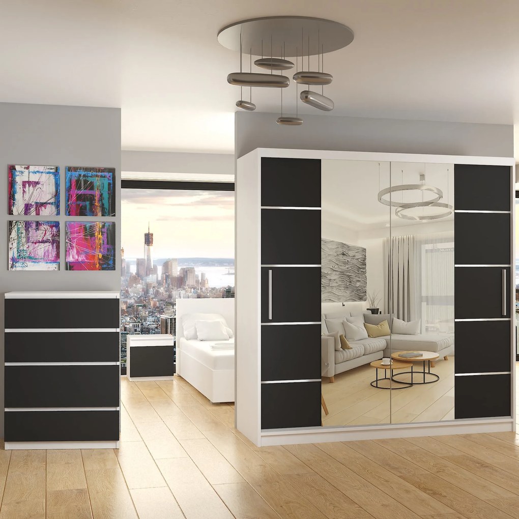 Šatníková skriňa 200 cm Belini biely mat / čierny mat s posuvnými dverami zrkadlom a zásuvkami  ME SZP5/1/W/B/0/KLAL