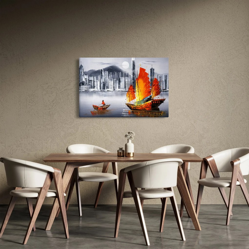 Obraz - Victoria Harbor, Hong Kong, čiernobiela olejomaľba (90x60 cm)