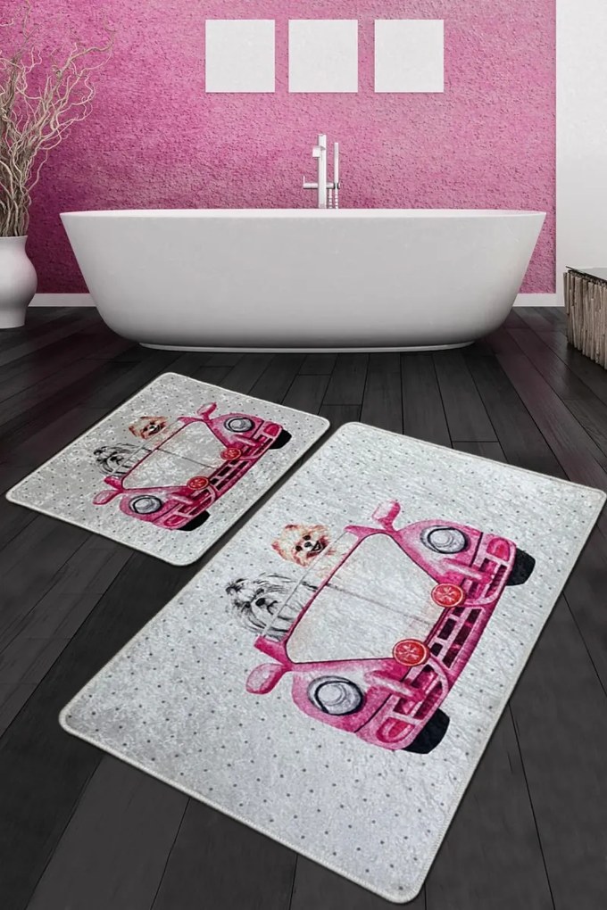 Súprava 2 kusov kúpeľňových predložiek Dogs Vosvos ružovo-biela