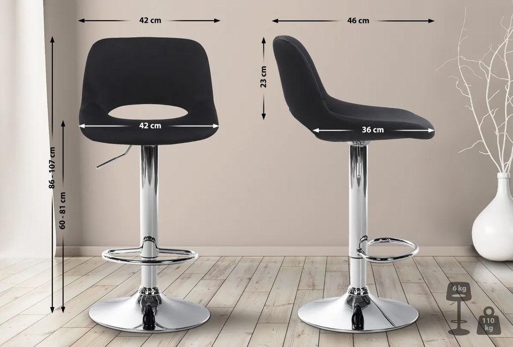 Barová stolička Camden - zamat, chróm rám - Čierna