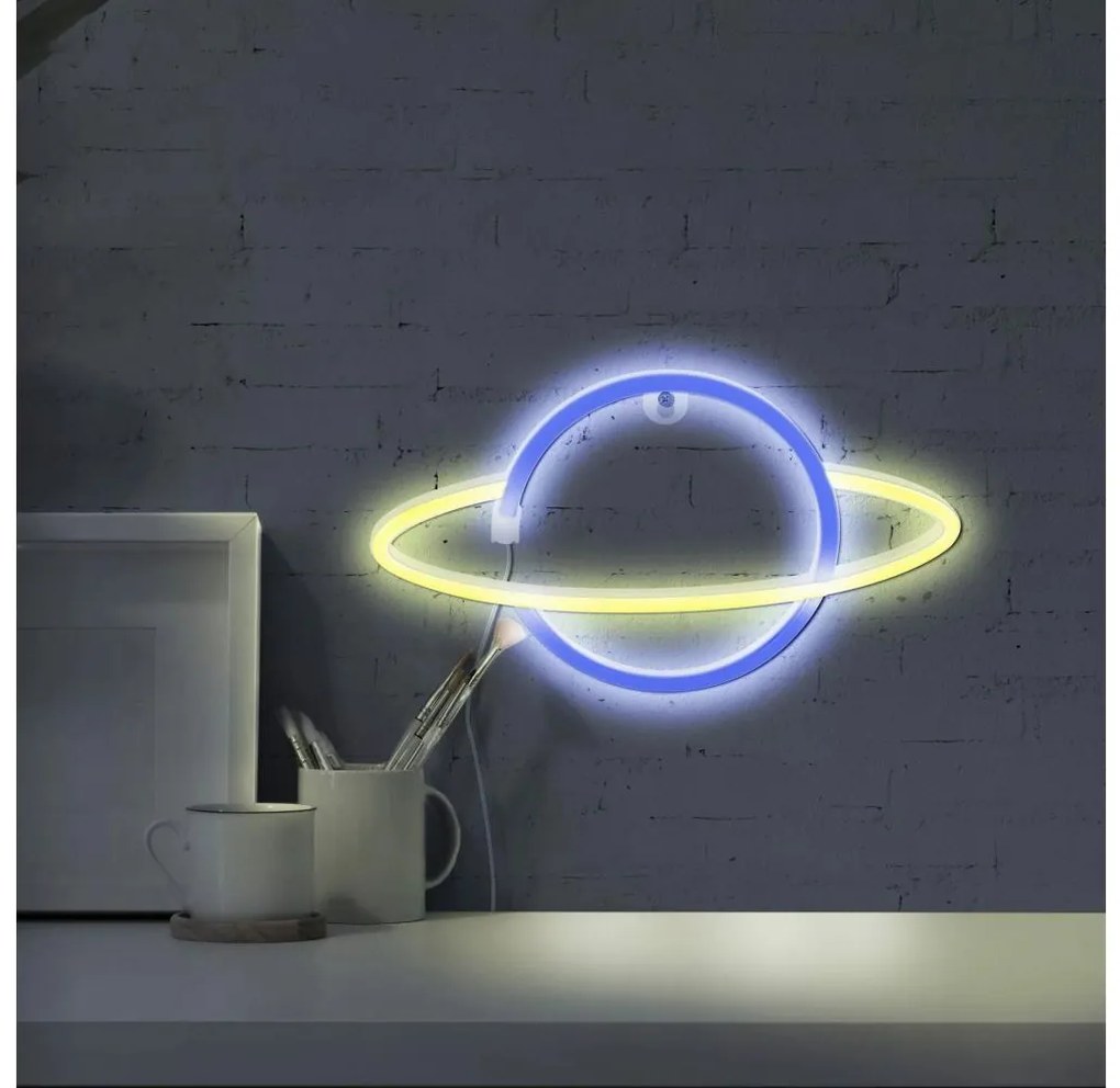 LED Neónová nástenná dekorácia PLANET LED/3W/3xAA USB modrá/žltá