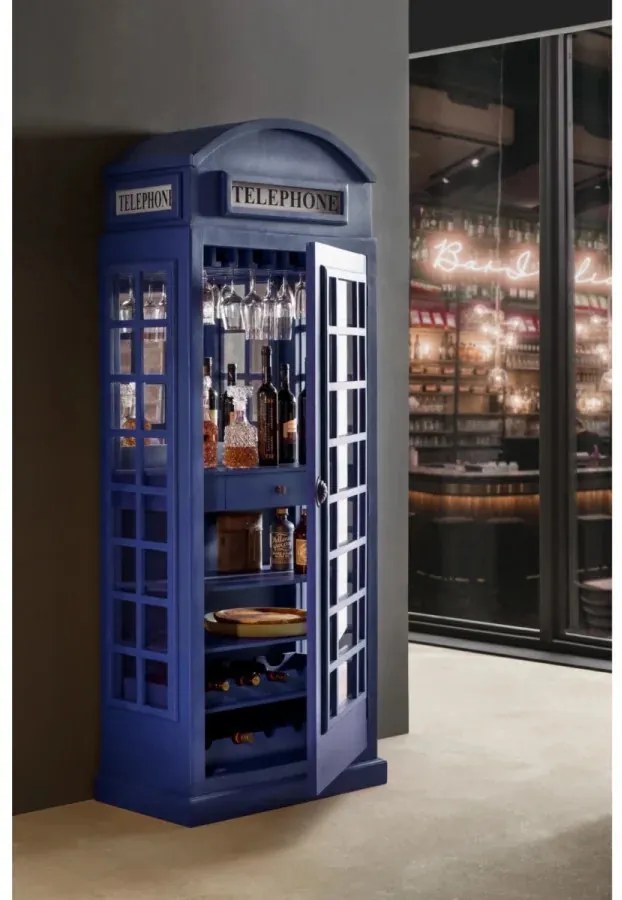 furniture-nabytek.cz - Masivní vinotéka ve tvaru telefonní budky, lakovaná, modrá – Mango 78×44×200 cm