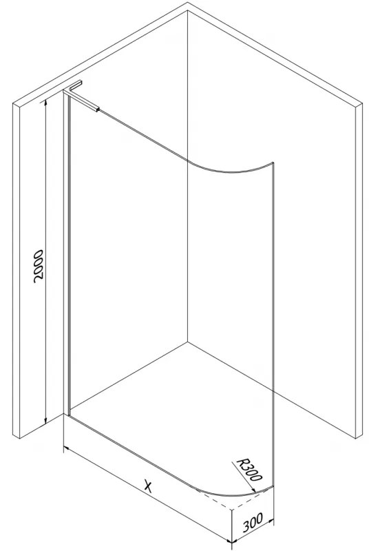 Mexen Kioto L, sprchová zástena Walk-In 90 x 200 cm, 8mm číre sklo, čierny profil, 800-090-103-70-06