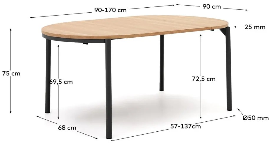Okrúhly rozkladací jedálenský stôl s doskou v dubovom dekore v prírodnej farbe ø 90 cm Montuiri – Kave Home